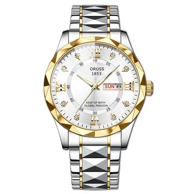 Men's waterproof quartz watch with luminous dial and dual calendar