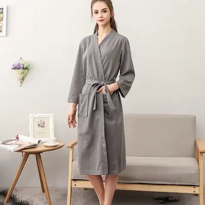 Frühlings- und Sommerbademantel für Frauen, dünner Waffel-Doppel-Nachthemd für Männer und Frauen, sommerlicher dreiviertellanger Ärmel koreanischer Stil Bademantel, absorbierend - 13