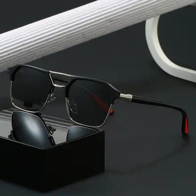 Men's Metal Double-Bridge Polarized Square Sunglasses, UV400 Protection