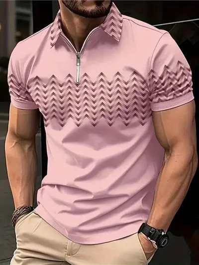 Men's 3D Gradient Print Zip Polo Shirt, Short Sleeve, Plus Size - 7