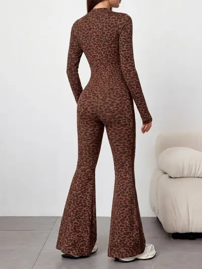 Damen-Yogaoverall, langärmlig, mit Reißverschluss und Schlaghose