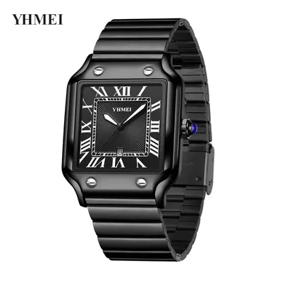 YHMEI Square Quartz Watch Men's Watch Stainless Steel Band Calendar Waterproof Daily Wristwatch - 8