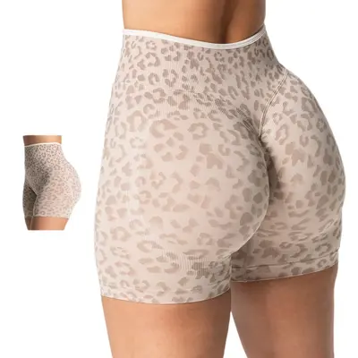 Seamless Leopard Print Yoga Shorts with Peach Lift Design - 5