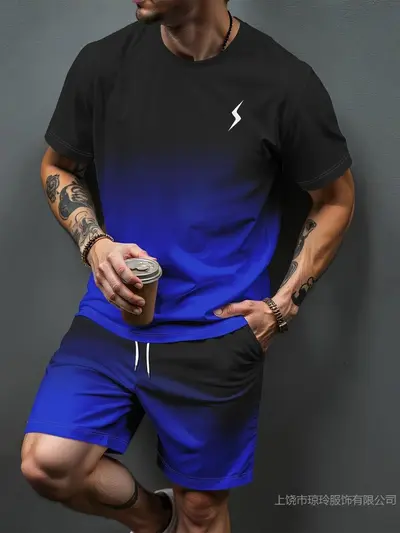 Erkek 3D Baskılı T-Shirt ve Şort İkili Takım, Gradyan Harf Desenli, Yaz - 8