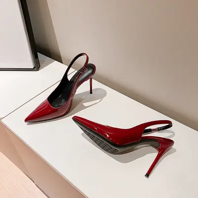 Burgundy Patent Leather Pointed-Toe Slingback Heels - 7