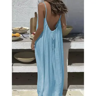 Women's Solid Color Backless Spaghetti Strap Home Dress - 13