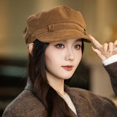 Women's Autumn Winter Suede-Look Octagonal Peaked Cap, Retro Style - 8
