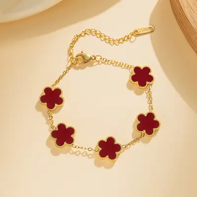 Sınır Ötesi Sıcak Satış 13MM Çift Taraflı Zincir Dört Yapraklı Yonca Beş Çiçekli Bileklik Moda Çok Yönlü Hafif Lüks İleri Seviye Altın Renkli Titanyum Çelik - 8
