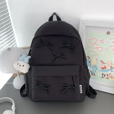 Korean Style Simple Girls' Bow School Backpack, Large Capacity with Laptop Compartment - 7