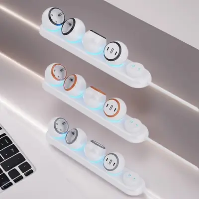 2025 yeni Alman tarzı masaüstü priz çoklayıcı 360 derece dönen ortam ışığı çocuk korumalı alt kontrol anahtarı USB soketi