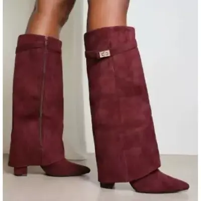 Women's Pointed Toe Tall Boots with Metal Buckle, Chunky Heel, Plus Size - 10