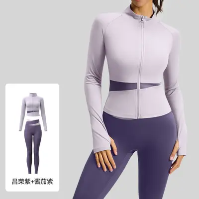 夏季拼色瑜伽服裸感高弹跑步修身运动健身服两件套女 - 12
