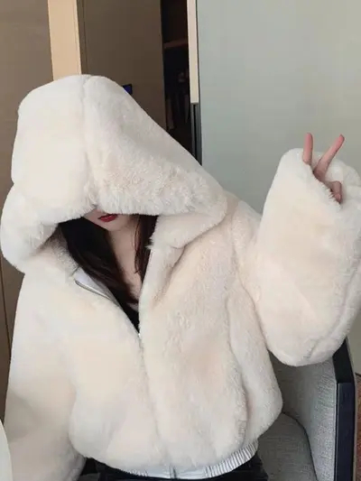 Women's Short Faux Rabbit Fur Hooded Winter Jacket - 2
