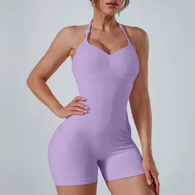 跨境挂脖露背连体瑜伽服女高腰收腹提臀裸感健身外穿速干连体衣 - 13