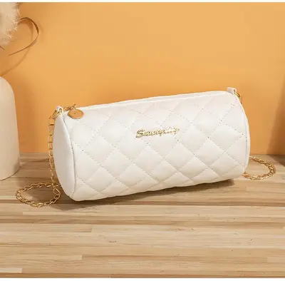 Embroidered Diamond Check Chain Women's Crossbody Bag, Cylinder Shape, 2023 Summer - 8