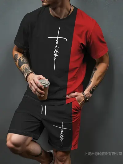 Erkek 3D Baskılı T-Shirt ve Şort İkili Takım, Gradyan Harf Desenli, Yaz - 12