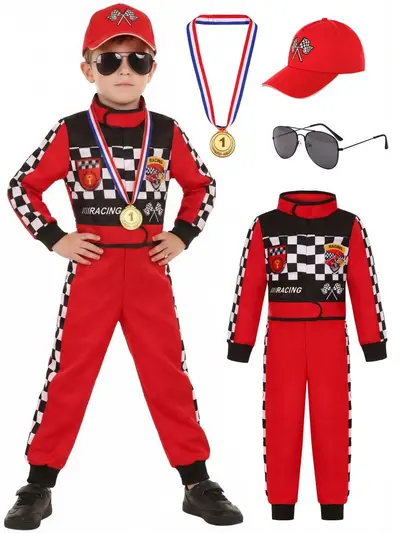 Children's red and black one-piece racing suit for parties and performances