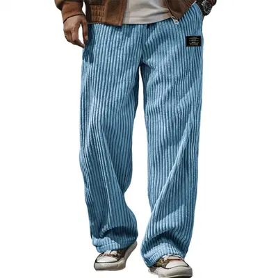 Erkek Retro Kadife Nakışlı Düz Paça Rahat Pantolon, Bol Kesim - 9