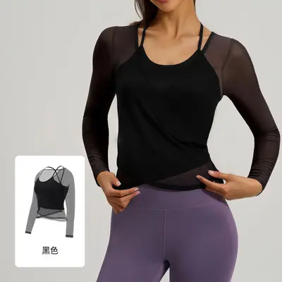 Fake Two-Piece Mesh Long Sleeve Yoga Top with Built-in Chest Pad - 9