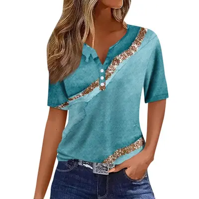 Women's V-Neck Three-Button 3D Print Short-Sleeve T-Shirt