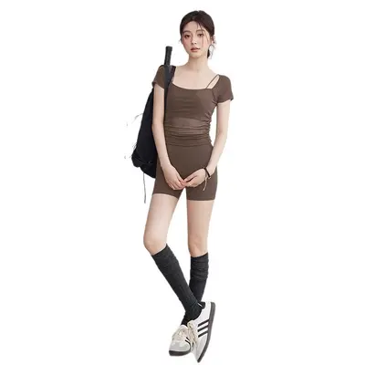 清仓瑜伽服女新款网纱运动上衣性感显瘦带胸垫健身训练服套装批发