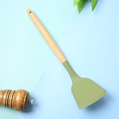 Yeni silikon mutfak gereçleri ahşap saplı çift set yüksek sıcaklığa dayanıklı gıda sınıfı yapışmaz spatula kaşık mutfak eşyaları seti - 7