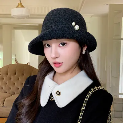 French Pearl Button Wide Brim Felt Fisherman Hat, Women's Autumn Winter