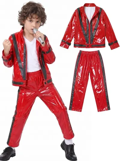 Çocuk Michael Jackson performans kostümü, kırmızı-siyah deri görünümlü takım