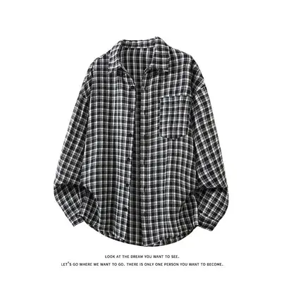 Men's Loose Retro Plaid Long-Sleeve Shirt, Japanese Style, Plus Size