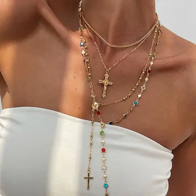Cross Rhinestone Pendant Necklace Alloy Chain