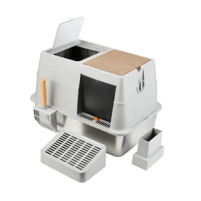Vollständig geschlossene Katzentoilette mit Vordereinstieg und Deckelöffnung, extra groß, aus Edelstahl, spritzwassergeschützt, Katzenklo, Haustierzubehör