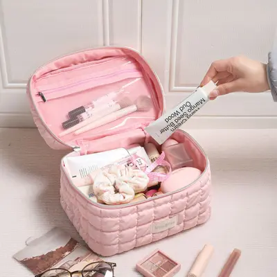 Karierte Kosmetiktasche mit Steppung, Trennfach, große Kapazität