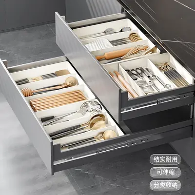 Retractable kitchen drawer organizer with cutlery and chopsticks compartments