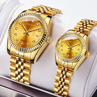 Diamond face steel band calendar watch for women, simple comfortable student fashion quartz gold set men's watch couple