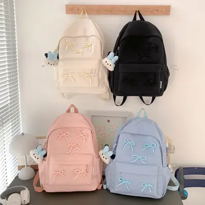 Korean Style Simple Girls' Bow School Backpack, Large Capacity with Laptop Compartment - 4