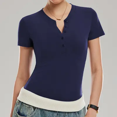 Summer Yoga Henley Shirt, Short Sleeve, Stretch Slim Fit, Running and Training - 11