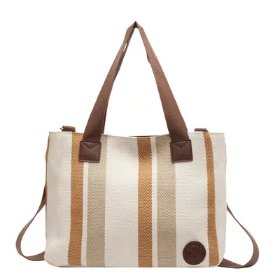 Large Capacity Canvas Bag Korean Style Casual Women's Fashion Single Shoulder Bag Vertical Striped Niche Versatile Commuter Women's Tote Bag