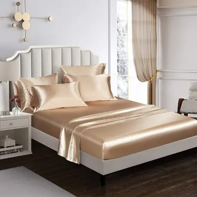 Imitation Silk Satin Fitted Sheet, Pillowcase and Duvet Cover Set - 10