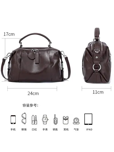 Women's Genuine Leather Boston Bag with Crossbody Strap - 5