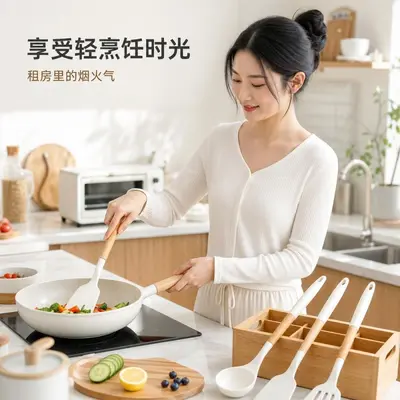 Rutschfeste Silikon-Kochbesteck-Set mit Holzgriff, Küchentools Kochbesteck-Set, Wok-Spatel, Suppenkelle, Siebkelle-Set