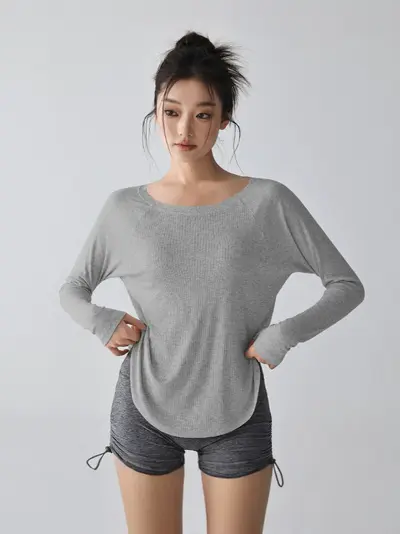 慵懒感瑜伽长袖性感宽松圆领打底衫休闲运动舞蹈瑜伽服速干T恤女 - 3