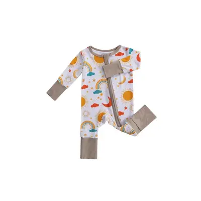 Baby-Strampler aus Bambusfaser, langarm, Reißverschluss, Cartoon-Print