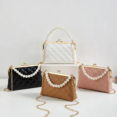 Embroidered Pearl Handbag with Diamond Quilting