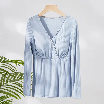 Long Sleeve Cross-Front Nursing Top, Postpartum Home Wear - 3