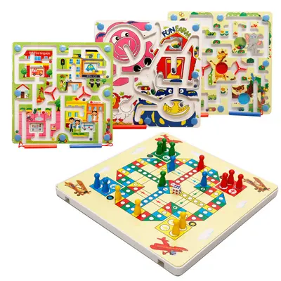 Holz-Doppelseitiges magnetisches Ringspiel mit Kugellabyrinth und Flugschach