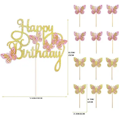 13 pcs Gold Glitter Butterfly Happy Birthday Cake Topper Set - 2