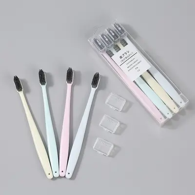 Muji aynı stil 4'lü paket yetişkin Japon tarzı düz renkli diş fırçası, koruyucu kapaklı, küçük başlı, orta yumuşak kıllı