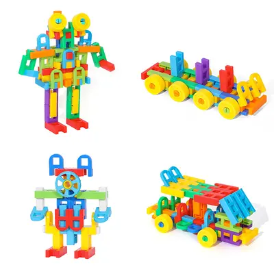 Assorted building blocks, preschool children, plastic construction