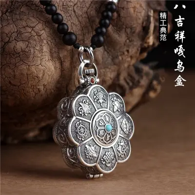 Gümüş lotus kolyesi, açılabilir kutu, altı karakter mantra, erkek-kadın