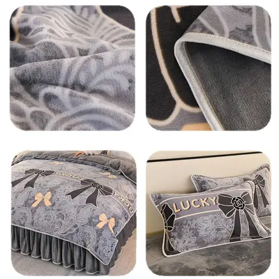 Thickened Milk Fleece Four-Piece Set Double-Sided Coral Flannel Duvet Cover Bed Sheet Winter Thickened Quilt Cover Bed Skirt Style Bedding